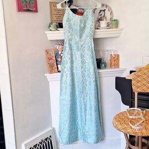Vintage 1950s-60s Light Blue Floral Brocade Dress Womens XS